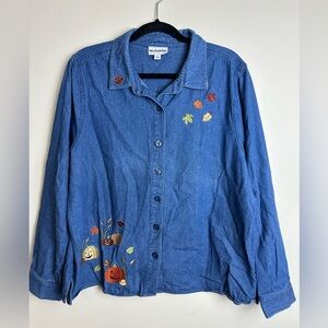 Breckenridge Blue Denim Shirt with Leaf Embroidery